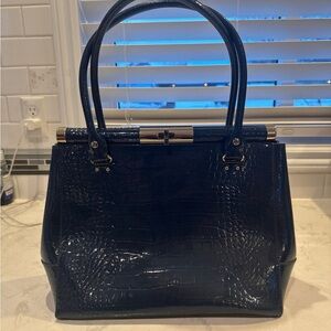 Elegant Navy Blue Crocodile-Embossed Handbag